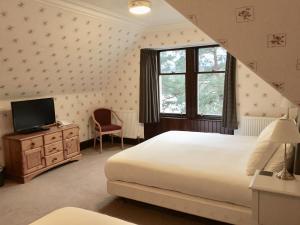 Schlafzimmer mit einem Bett, einem TV und einem Fenster in der Unterkunft Dalrachney Lodge in Carrbridge