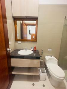 La salle de bains est pourvue d'un lavabo, de toilettes et d'un miroir. dans l'établissement Hotel Overland, à Paracas