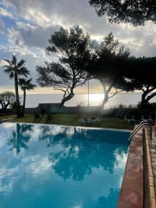 una gran piscina azul con árboles y agua en Villa Les Glycines, en Les Issambres 33 fotos más