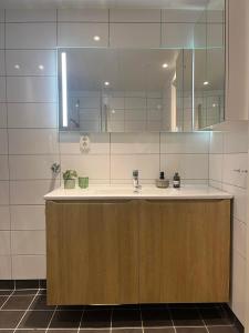 une salle de bain avec un lavabo et un miroir dans l'établissement North Estate Kræmer Brygge, à Tromsø
