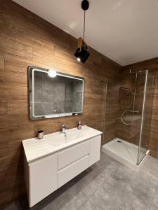 a bathroom with a white sink and a shower at Квартира з Джакузі вулиця Під Голоском 15 стилізована з новим сучасний ремонтом in Lviv