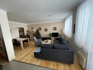 ein Wohnzimmer mit einem Sofa und einem Tisch in der Unterkunft Ubytování Duškovi in Lipno nad Vltavou