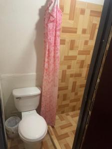 a bathroom with a toilet and a pink shower curtain at Hostel Casa María in Masaya