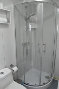 y baño con ducha y puerta de cristal. en Container Departamento en Puerto Natales, en Puerto Natales