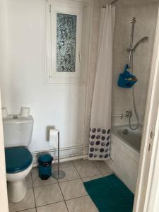 uma casa de banho com um chuveiro, um WC e uma banheira em Charmant logement entre ville et campagne. em Montivilliers