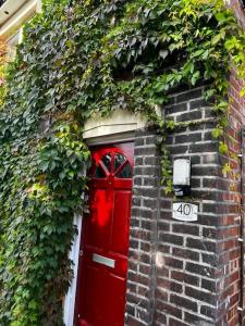 a red door with ivy on a brick building at Cheerful 3 bedroom entire home - newly furnished in Stockport