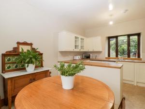 a kitchen with a wooden table with two potted plants at Bullfinch Cottage in Leominster