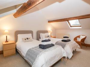two twin beds in a bedroom with a skylight at Bullfinch Cottage in Leominster