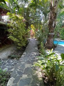 a garden with a stone walkway next to a pool at Anam Apartments in Santa Teresa Beach