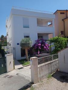 Apartments with parking space Pirovac, Sibenik - 15320 في بيروفاتش: مبنى ابيض به سياج والنخيل