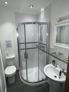 a bathroom with a shower and a toilet and a sink at The Chapel Guest House in St Austell