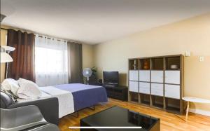 a bedroom with a bed and a couch and a tv at Downtown River Valley Bachelor Suite Condo, NON Smoking, 12 inches Queen Bed, Beautiful Minimalist, very convenient every where in Edmonton