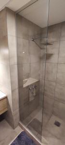 y baño con ducha y puerta de cristal. en FRANCISMAR - Cálido Depto. Centro Carlos Paz en Villa Carlos Paz