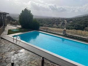 a large blue swimming pool with a view of a mountain at Petrines Villes Avramilias in Avramiliá