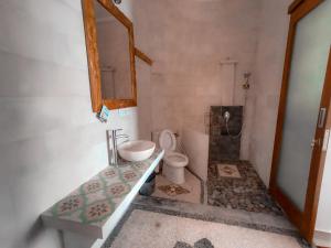 een badkamer met een toilet, een wastafel en een spiegel bij Kalimaja Amed Villa in Ambat