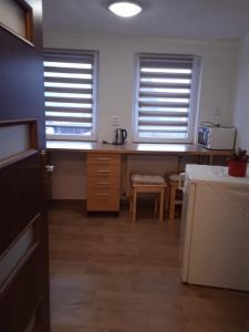 eine Küche mit zwei Fenstern und einer Theke mit einem Tisch in der Unterkunft Ubytovani u Nadii in Železný Brod