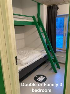 a green bunk bed with a ladder in a room at Winstrup Hostel in Lund