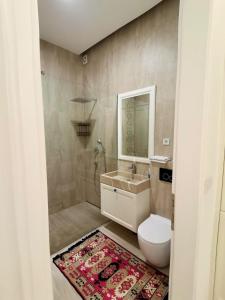 een badkamer met een toilet, een wastafel en een spiegel bij Metropolis in Sarajevo