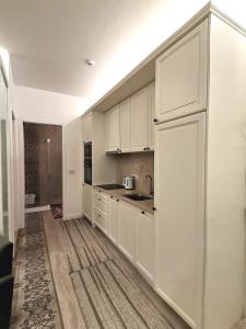 uma cozinha com armários brancos e um lavatório em Metropolis em Saraievo