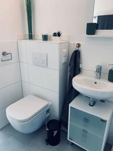 Baño blanco con aseo y lavamanos en cozy Apartment in Cottbus Work 2 en Cottbus
