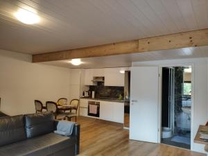 sala de estar con sofá y cocina en Spacieux studio 38m2 avec sauna, en Les Paccots