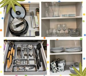 a kitchen drawer filled with dishes and utensils at FLORA Apartament Słupsk in Słupsk +4 photos