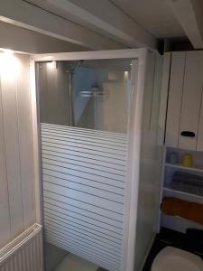 uma cabina de duche ao nível do chão numa pequena casa de banho em Tiny house, sauna hot tub Gesves Namur Ardennes em Gesves