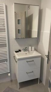 y baño con lavabo blanco y espejo. en Dům nad jezerem - apartmán II., en Most