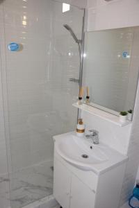 ein weißes Bad mit einem Waschbecken und einer Dusche in der Unterkunft Apartament Cetate in Alba Iulia
