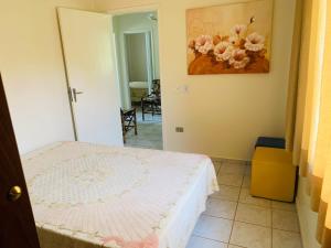 um quarto com uma cama e um quadro na parede em Aguas de São Pedro ambiente Familiar e Aconchegante em São Pedro