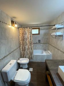 a bathroom with a toilet and a sink and a tub at Valle Puelo in Lago Puelo