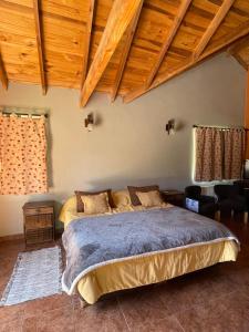 1 dormitorio con 1 cama en una habitación con techos de madera en Valle Puelo en Lago Puelo