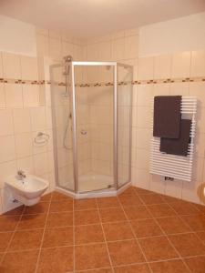 y baño con ducha, aseo y lavamanos. en Gemütliche Ferienwohnung in Weidach, en Leutasch