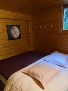 a bedroom with a bed with a moon picture on the wall at Chalet Cosy Les Gets Vue Montagne in Les Gets