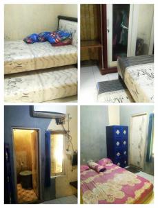 4 Bilder eines Zimmers mit einem Bett und einem Spiegel in der Unterkunft NG Shelter 【Homestay & Guest House】 in Cikampek