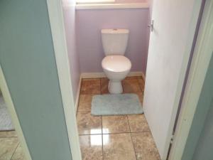 a bathroom with a toilet and a blue rug at Bungalow in lovely setting.Ten minutes to Longleat in North Bradley