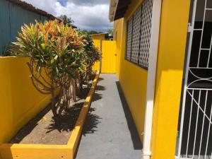 a yellow building with trees and plants on a sidewalk at DonaMae 2 story Barbados House in Bridgetown