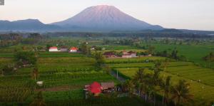 una montagna in lontananza con un villaggio in un campo di LinkeesHome Bungaya a Karangasem