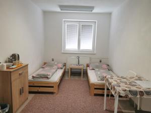 a room with two beds and a window at Living Bratislava &Mlynské Nivy& Bus station in Bratislava