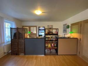 a room with a kitchen with a counter and a refrigerator at Otel Vaabensted in Sakskøbing