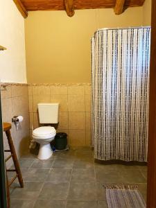 uma casa de banho com um WC e uma cortina de chuveiro em Casita Libertad en San Marcos em San Marcos Sierras