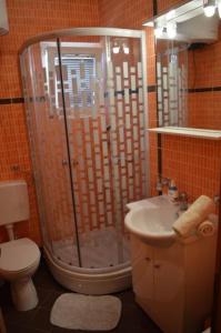 een badkamer met een douche, een wastafel en een toilet bij Apartments Mali Dvori in Srima