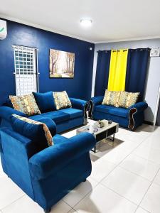 a blue living room with two blue couches and a table at Luxury Crib 5 mins from the NMIA airport in Kingston
