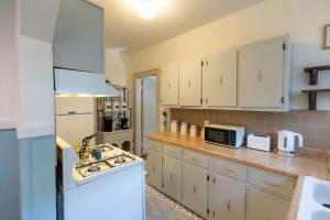 a kitchen with white cabinets and a white refrigerator at Historic Revival Midtown Memphis Duplex 64 Yes Pets Fast Wifi Free Parking in Memphis