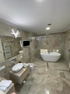 Luxury 1 al Duomo di Parma في بارما: حمام مع حوض ومغسلة ومرحاض