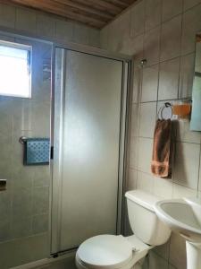 een badkamer met een douche, een toilet en een wastafel bij CABAÑAS MILKAHUE PUCON in Pucón