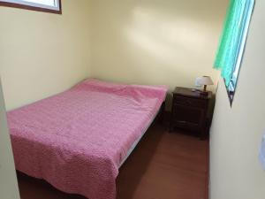 Un dormitorio pequeño con una cama y una mesita de noche. en dto. conteiner con vista al mar 50mts y playa, en Santa Clara del Mar