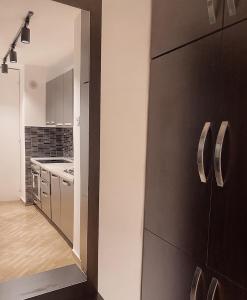 eine Küche mit einer schwarzen Tür und einer Küchentheke in der Unterkunft Diamond Apartment Prishtina 2 in Pristina