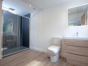 a bathroom with a toilet and a glass shower at Kingfisher Lodge - Uk33889 in Cullompton