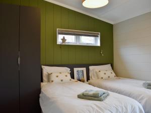 two beds in a room with green walls at Lakeview Lodge in Landford
